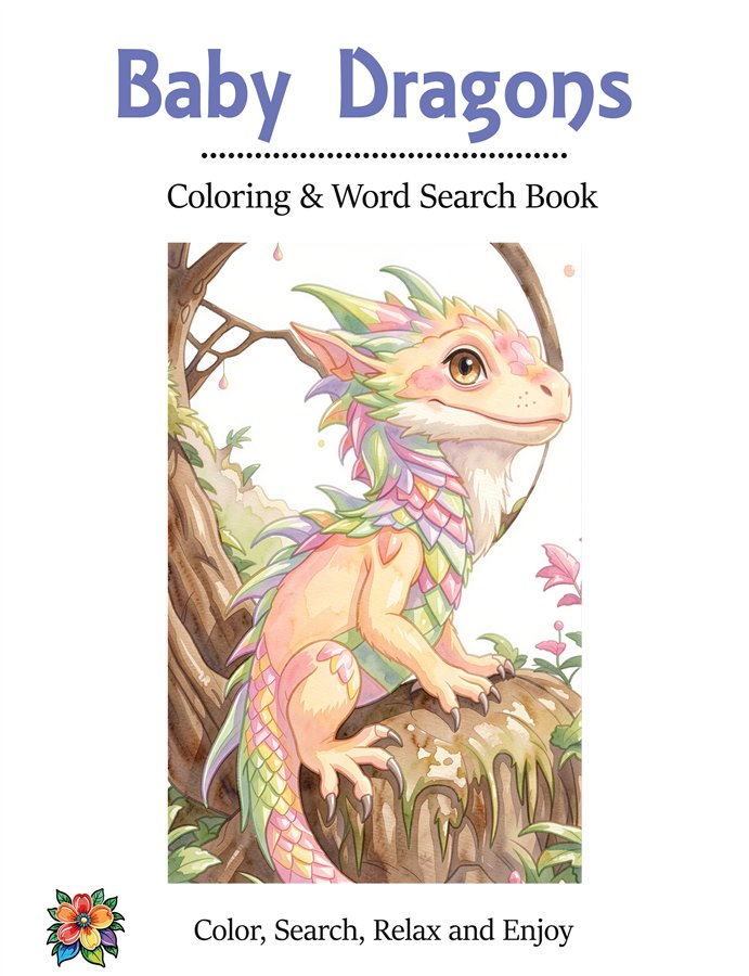 Baby Dragons Coloring & Word Search Book cover
